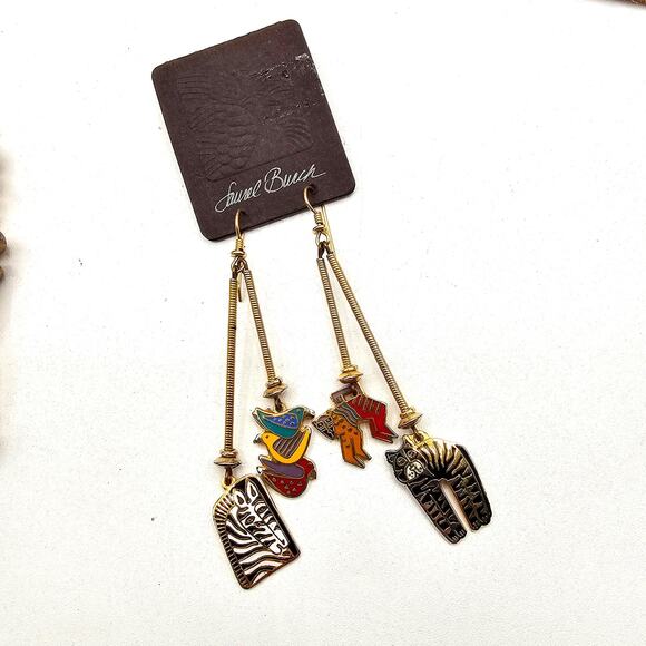 Laurel Burch Vintage Enamel Animal Dangle Earrings Goldtone Zebra Bird Monkey - Picture 6 of 6